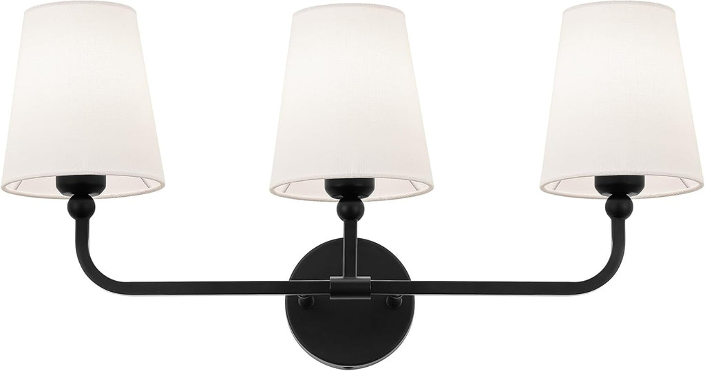 Bathroom Light Fixtures, Matte Black Vanity Lights with Flared White Fabric Shade, 3 Light Wall Sconce, Modern