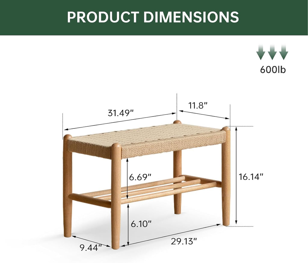 Solid Wood Shoe Bench, Natural Woven Entryway Bench for Small Spaces
