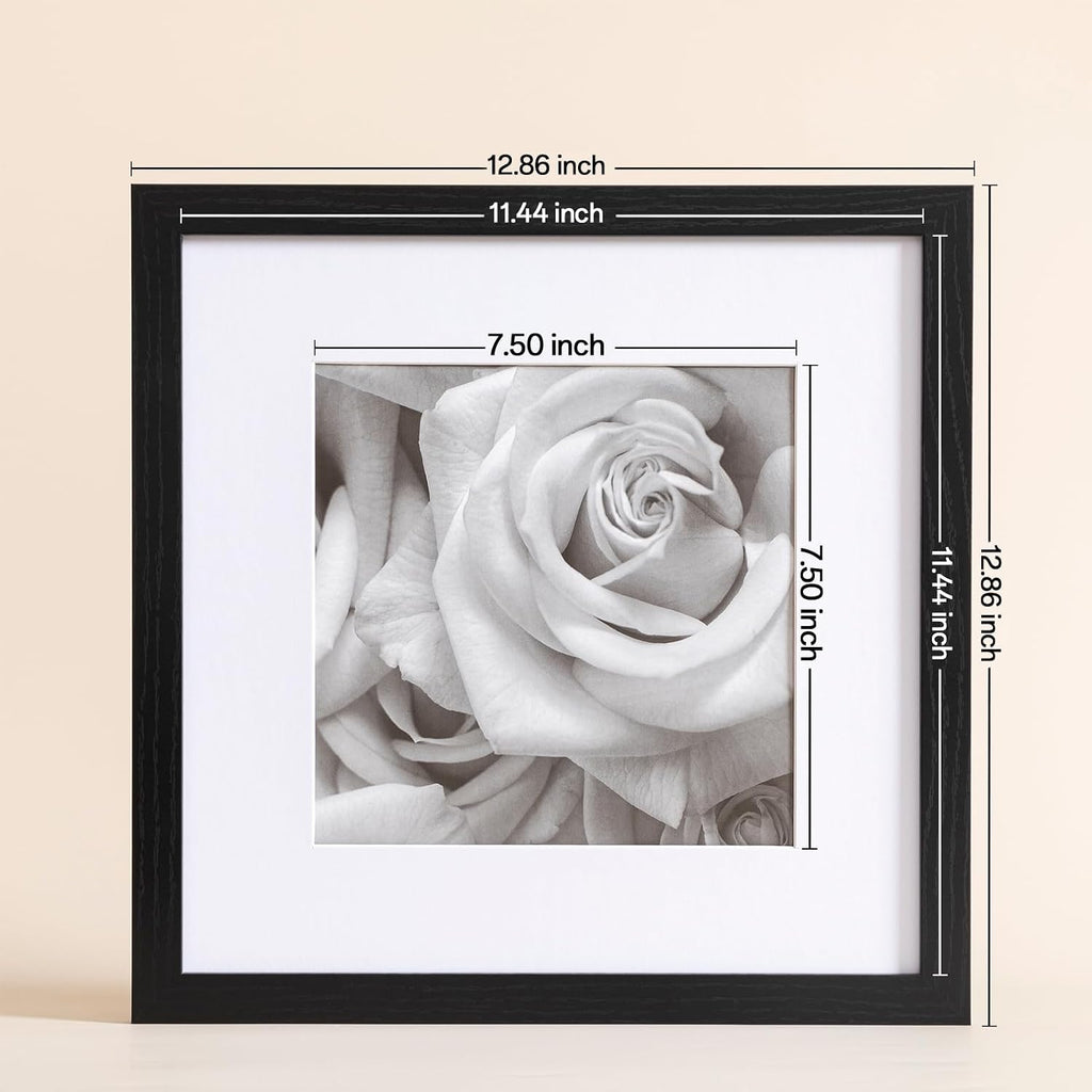 Picture Frames Set of 9, 12x12 in, Acrylic Cover, Black | Display Photo 8x8 with Mat or 12x12 without, Square Gallery