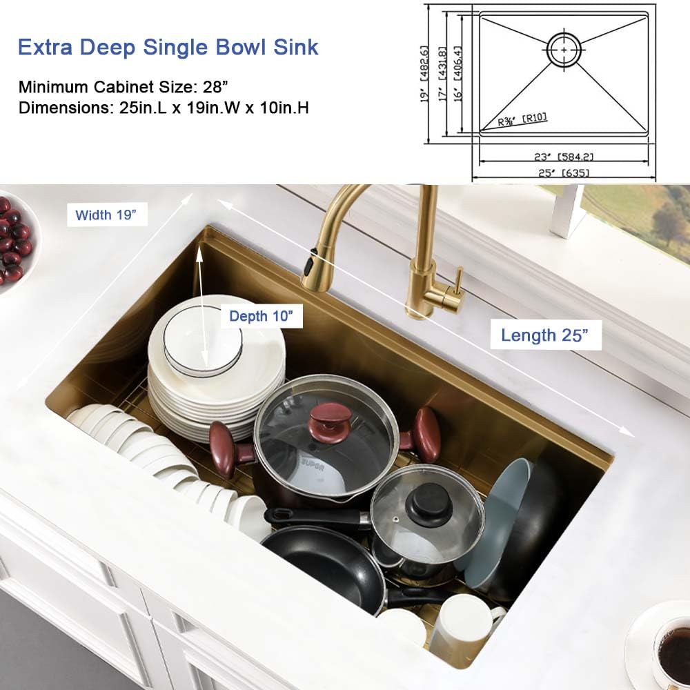 25x19 Gold Undermount Kitchen Sink Workstation 16 Gauge Stainless