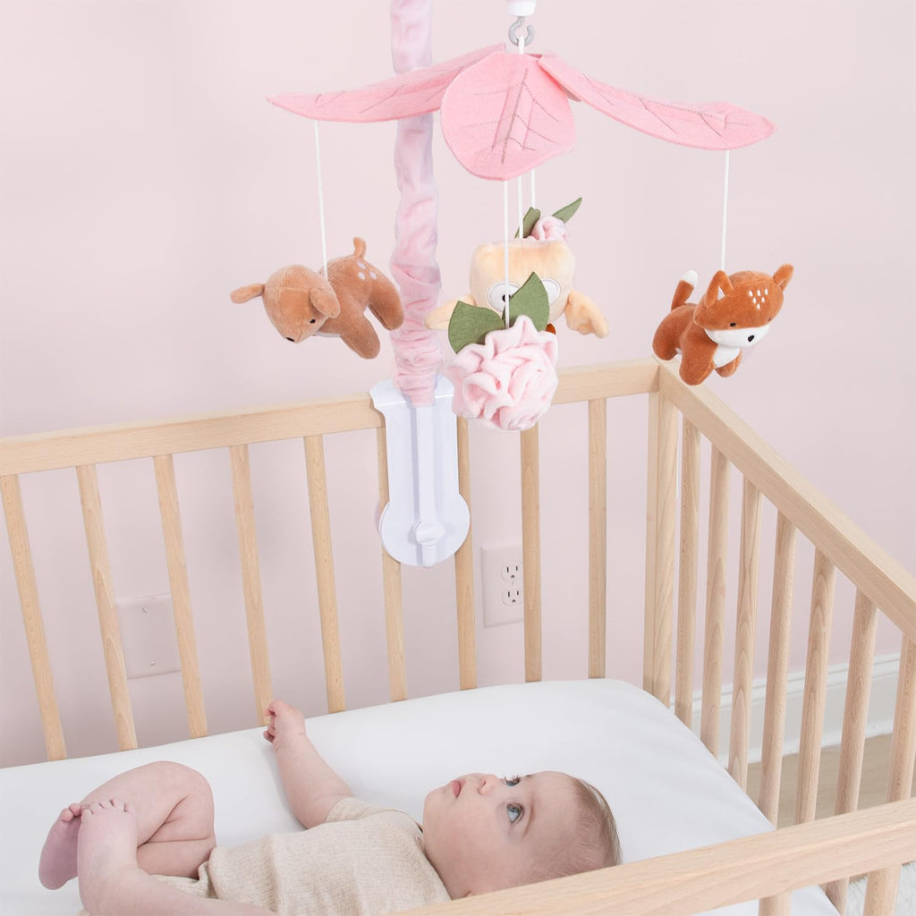Crib Mobile for Girls - Pink and White Musical Baby Crib Mobile with 12 Lullabies, Forest Baby Little Forest Nursery