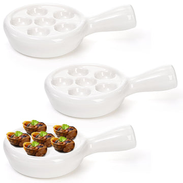 3 Pack Ceramic Escargot Plate With 6 Holes and Handle, 4.8 Inch Small White Small French Escargot Baking Dish Seafood