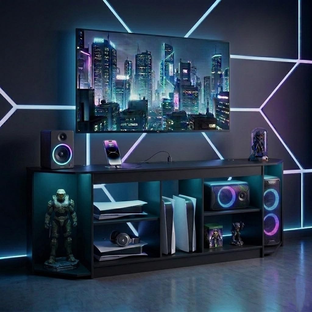 Modern TV Stand with LED Lights & Power Outlets for 75 inch TVs, Gaming Entertainment Center for PS5 Xbox, Media