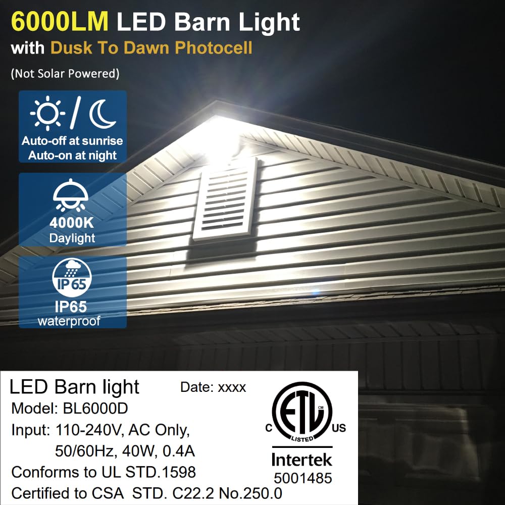 Dusk to Dawn Outdoor Lighting LED Barn Light Security Lights, 42W 4000K Daylight, AC, ETL Listed