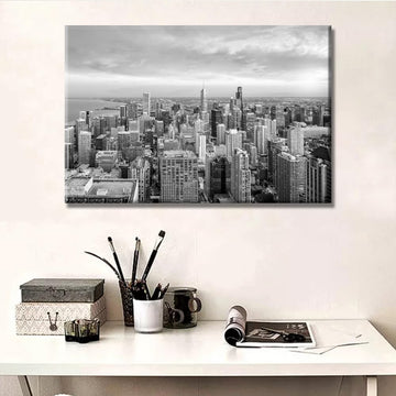 1 Piece Chicago Skyline Black and White Wall, Skyscraper Panoramic Poster, Chicago Cityscape Wall Decoration