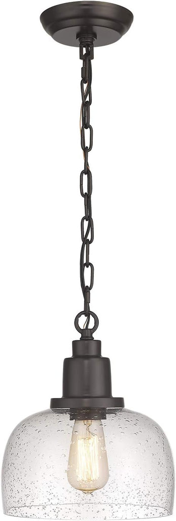 1-Pack Farmhouse Pendant Light, 1-Light Industrial Hanging Light Fixture with 9.3" Round Seeded Glass Shade, Dark