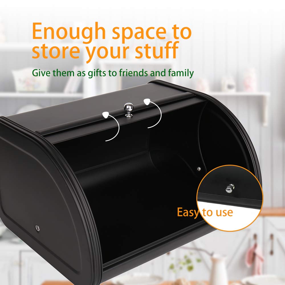 Bread Box - X458 Black Metal /Bin/kitchen Storage Containers with Roll Top Lid (Black)