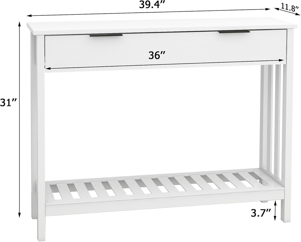 White Narrow Console Table with Drawer Storage Shelf, Modern Wooden Entryway Sofa Table, 39 Inch Slim Behind Couch