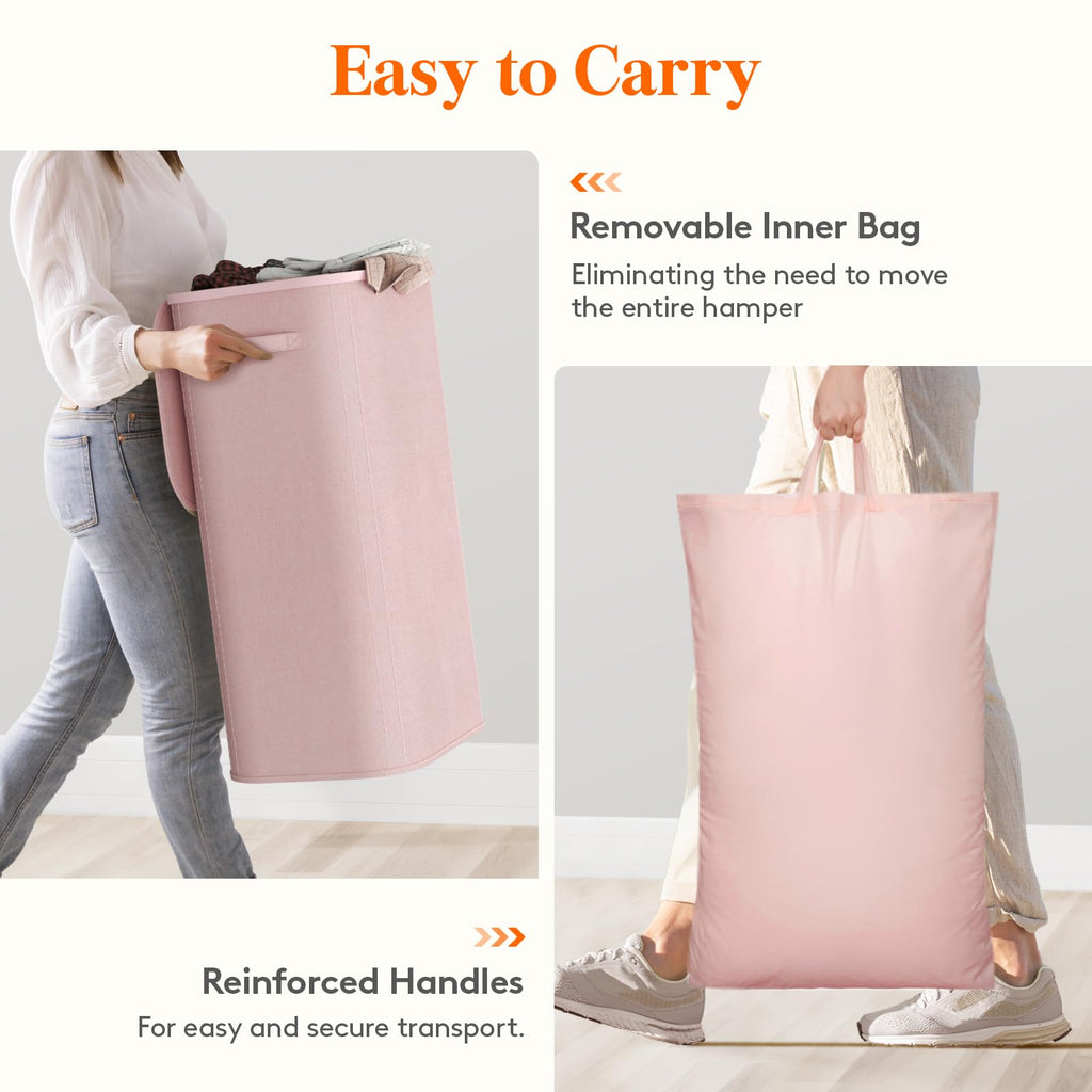 105L Large Laundry Hamper with Lid, Removable Inner Bag, Pink