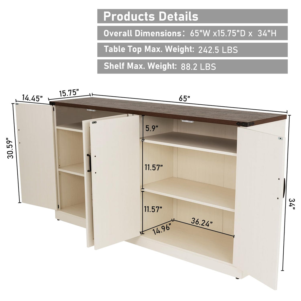 65" Sideboard Buffet Cabinet with Storage, Large Farmhouse Buffet Table Coffee Bar Cabinets, Modern Accent Cabinet