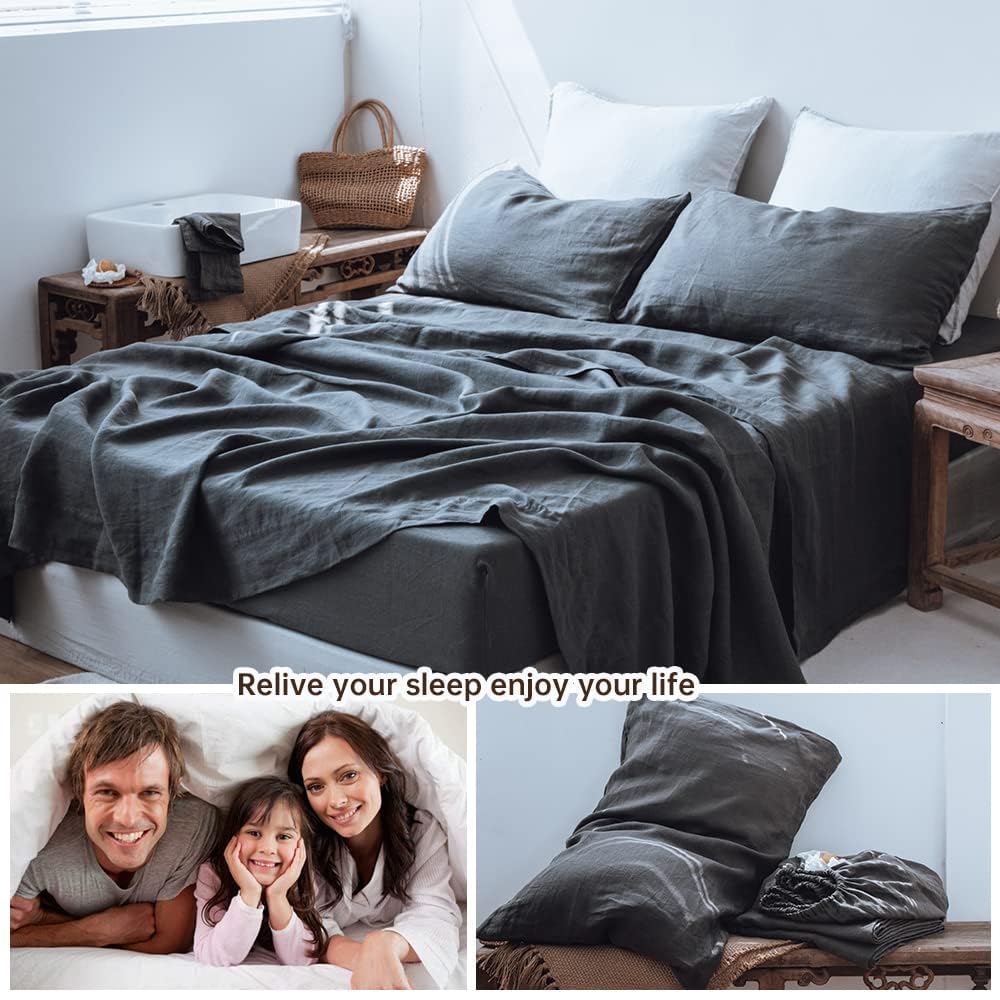 100% Linen Bed Sheet Set, 4 Piece, Queen, Dark Grey