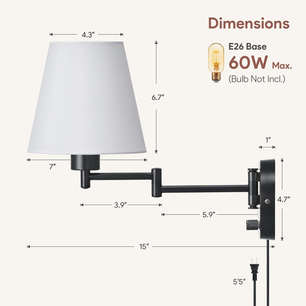 Wall Sconce Set of 2, Plug in & Swing Arm Wall Lamps, Black Finish
