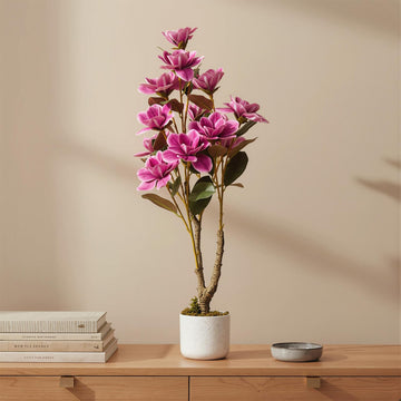 37" Artificial Magnolia Tree, Artificial Realistic Magnolia Grandiflora with White Planter and 12 Lifelike Flowers