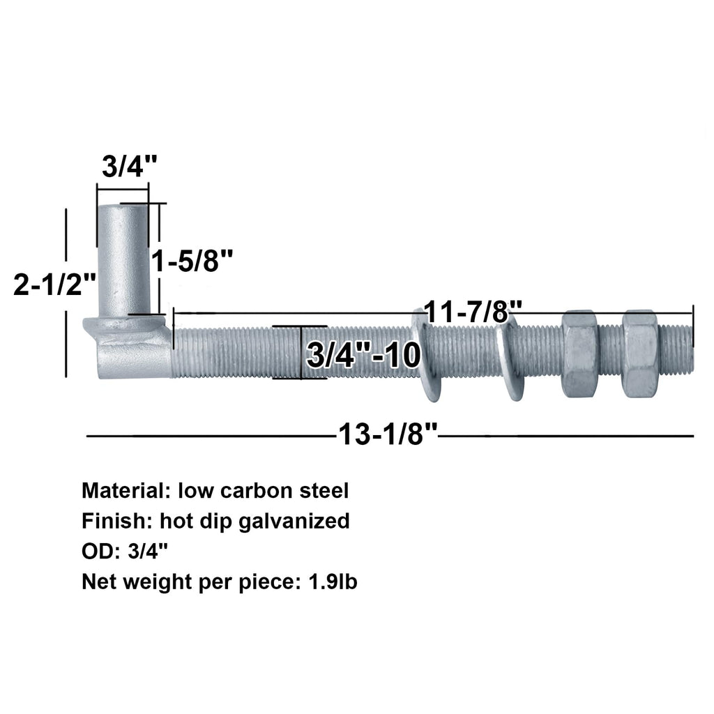 2 Pack 3/4" J-Bolt Gate Hinges, Threaded Post Hinge Pin, 3/4" x 13-1/8"