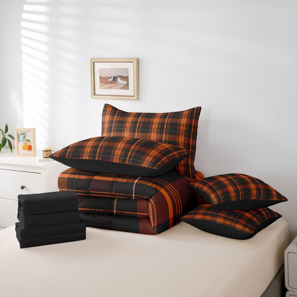 7 Piece Farmhouse Plaid Comforter Set Black Burnt Orange Classic Gingham Bedding Sets for Adults Men Women