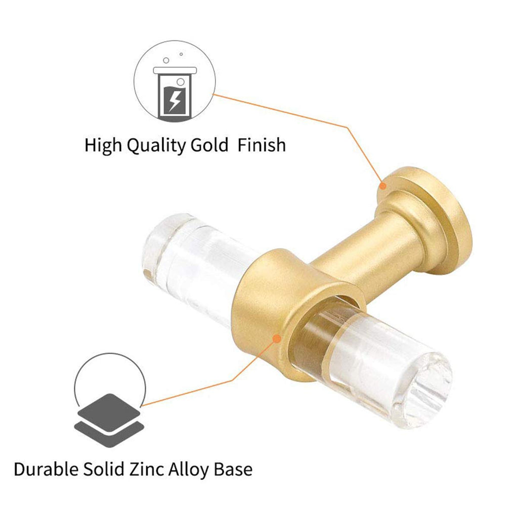 Acrylic Drawer Knobs, Kitchen Cabinet Handles Gold 10 Pack, Dresser Drawer Pull Brushed Brass Cabinet Hardware T Bar