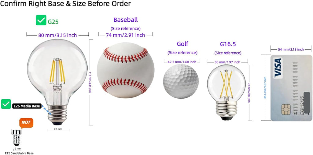 G25 LED Globe Light Bulbs, 60W Equivalent 500 Lumens, E26 Base Dimmable 2700K Soft Warm White, CRI 90+ Edison Vanity