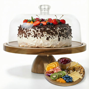 Acacia Wood Cake Stand with Lid, 12in Cake Stand with Acrylic Dome (Not Glass), 2-In-1 Cake Display Stand