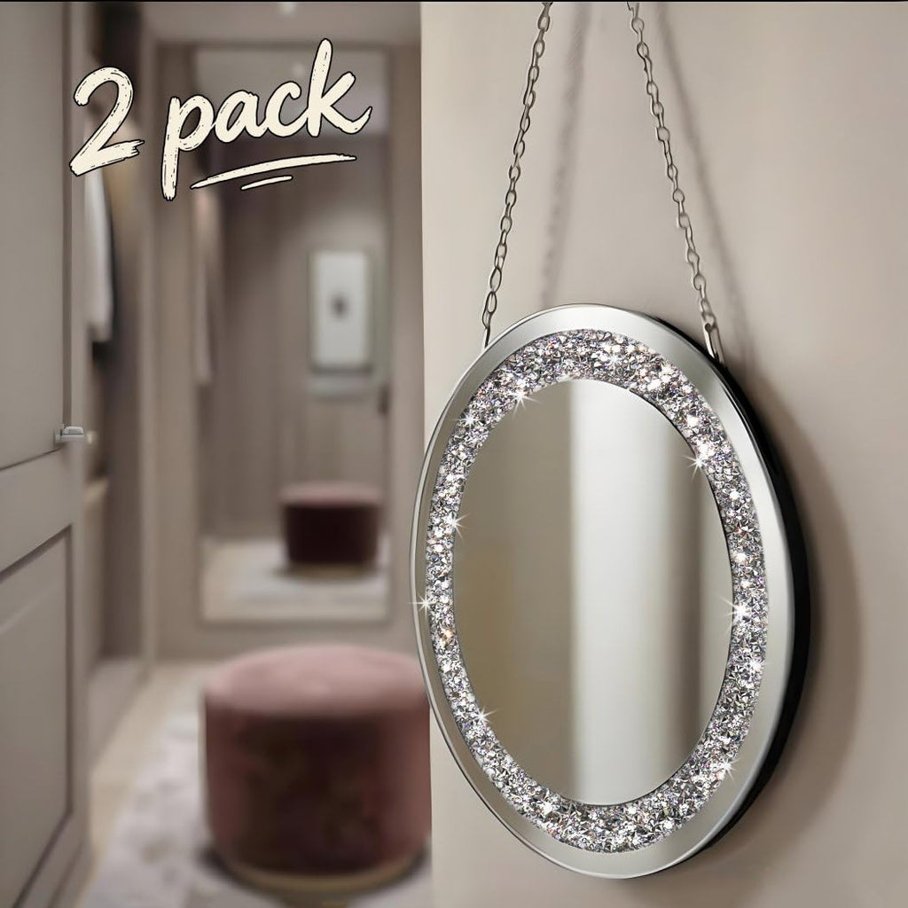 Crystal Crush Diamond Silver Mirror 2 Pack Diameter 12inch Round Shape with Iron Chain Real Glass Mirror for Wall