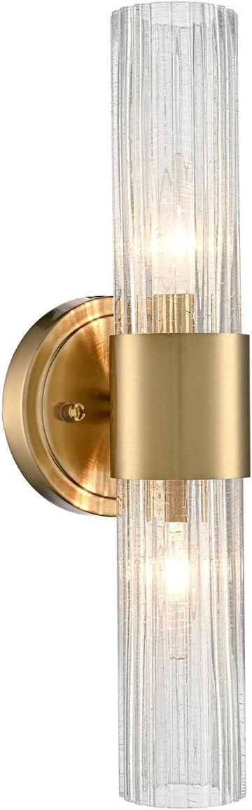 Modern Gold Wall Sconce with Crackle Reeded Glass Shade | Gold 2-Light Wall Light, E12 Indoor Wall Lighting for