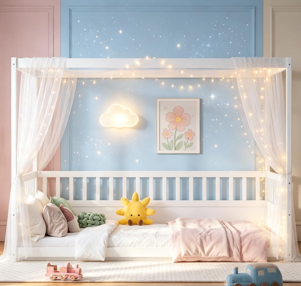 Canopy BedFrame, Wood Montessori House Floor Bed, Canopy Platform Bed for Kids, White no slats
