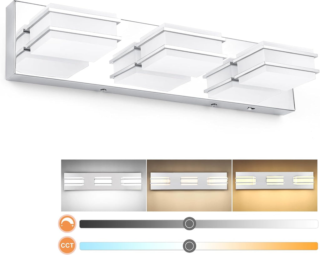 3 Color Temperature Dimmable Bathroom Light Fixtures over Mirror, LED Chrome 3 Light Vanity Lighting Fixtures