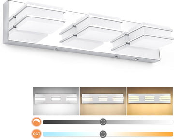 3 Color Temperature Dimmable Bathroom Light Fixtures over Mirror, LED Chrome 3 Light Vanity Lighting Fixtures