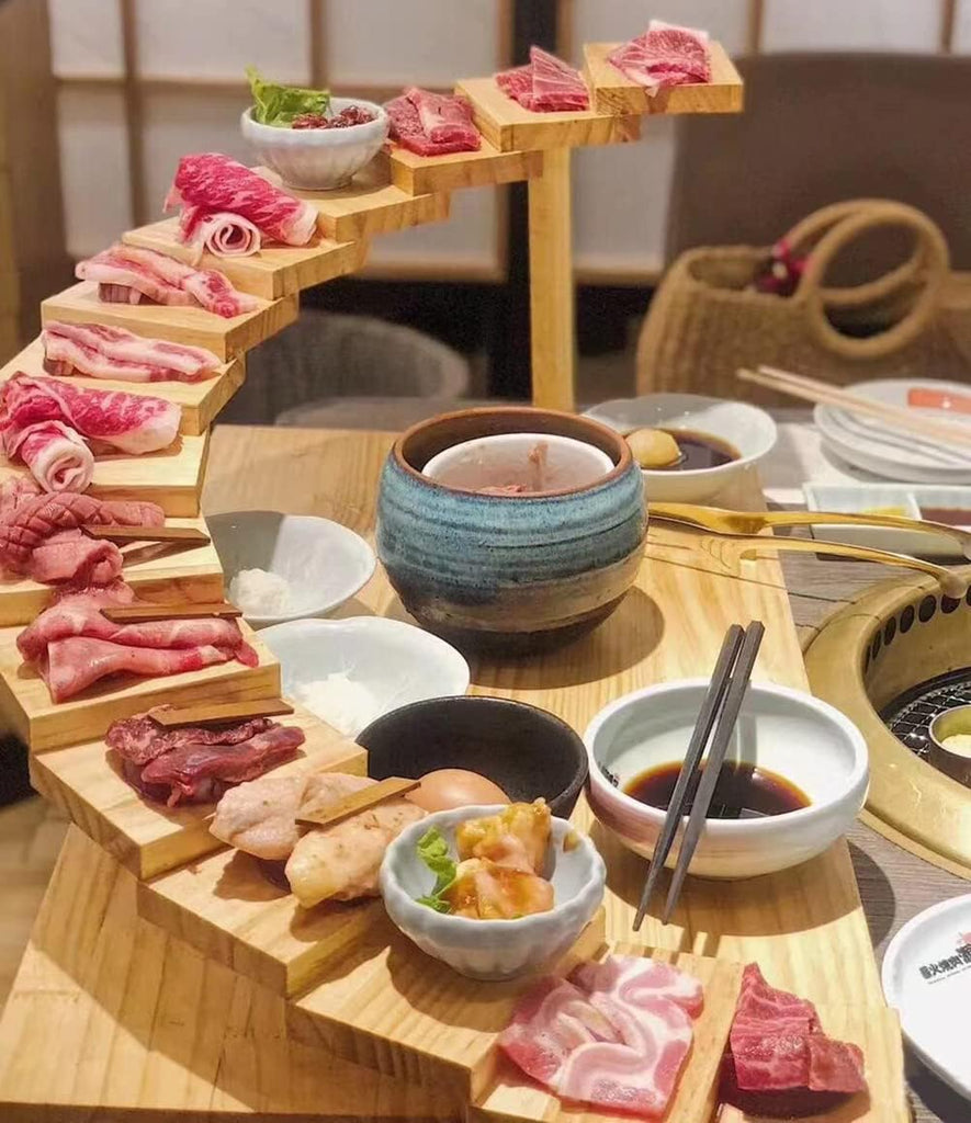 Japanese Wooden Sushi Plate Serving Tray, 12 Steps Stairs Creative Rotating Meat Plate Dish Sushi Sashimi Serving
