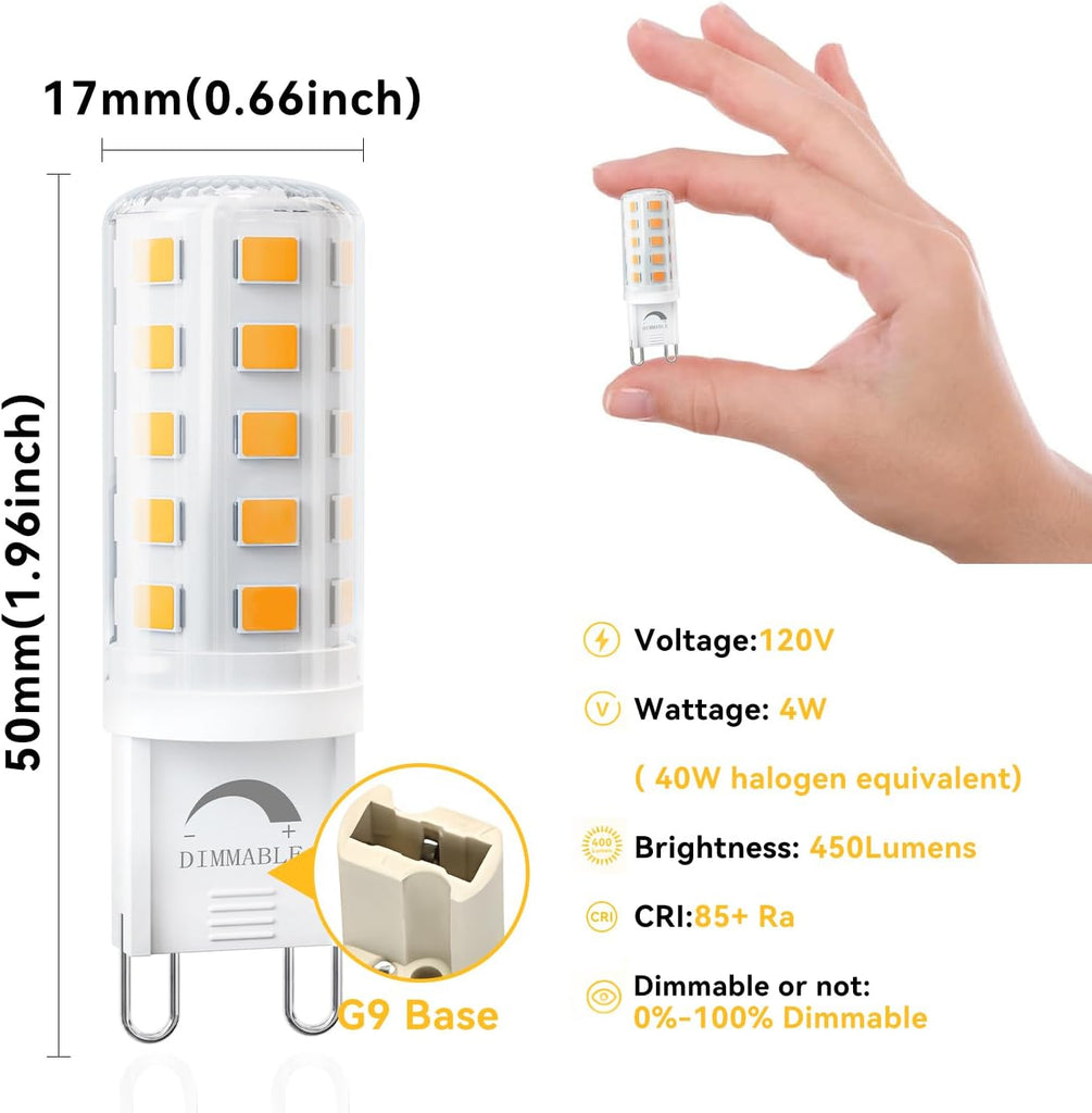 12 Pack Dimmable G9 LED Bulb 3000K, 40 Watt Eq 4W, Soft Warm White