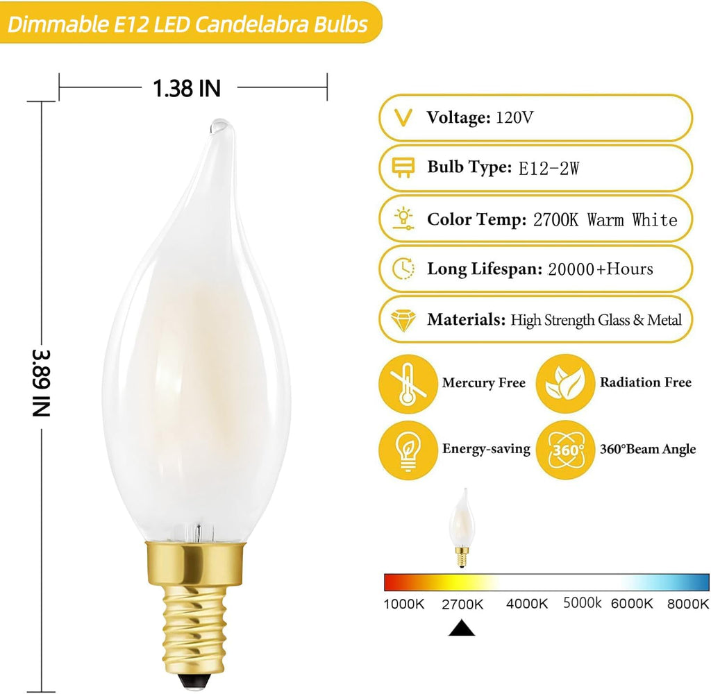 E12 Frosted LED Candelabra Candle Bulb 25W Dimmable 2700K LED Bulb