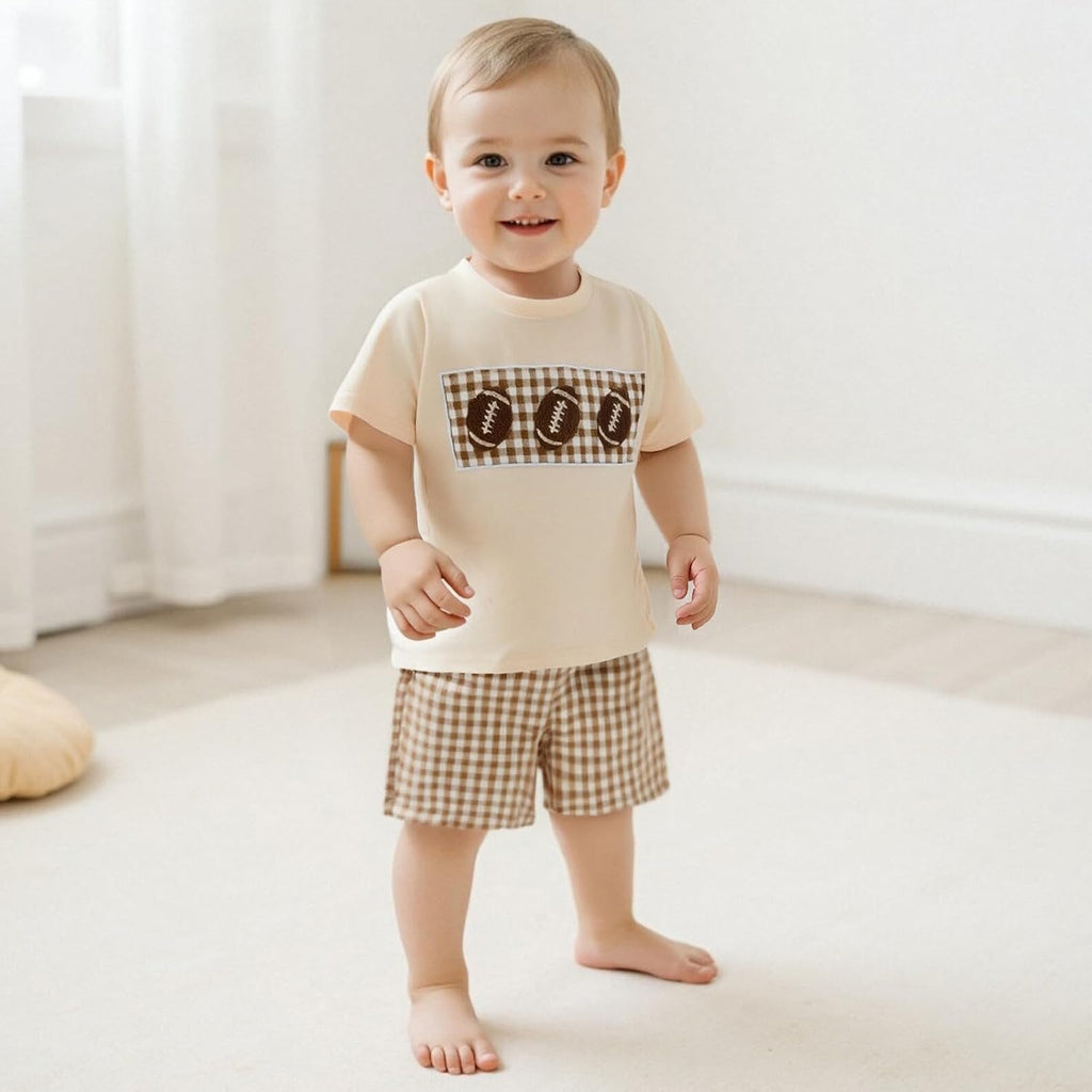 Kids Baby Boy Girl Football Outfit Embroidery Short Sleeve Shirt Plaid Shorts Cute Toddler Clothes Clothing Set