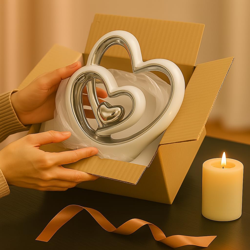 Silver Heart Ornament - Elegant Ceramic Couple Sculpture - White & Silver Tabletop Decor - Romantic Centerpiece or