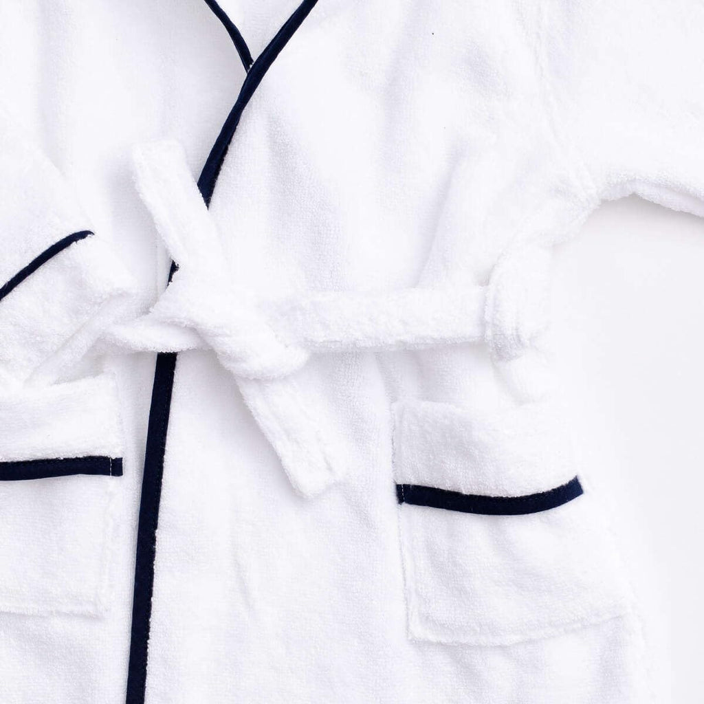 Bathrobe, White + Navy, Size 18-24 Months, Terry Hooded Towel Bathrobe, 100% Organic Baby Clothes for Girls & Boys