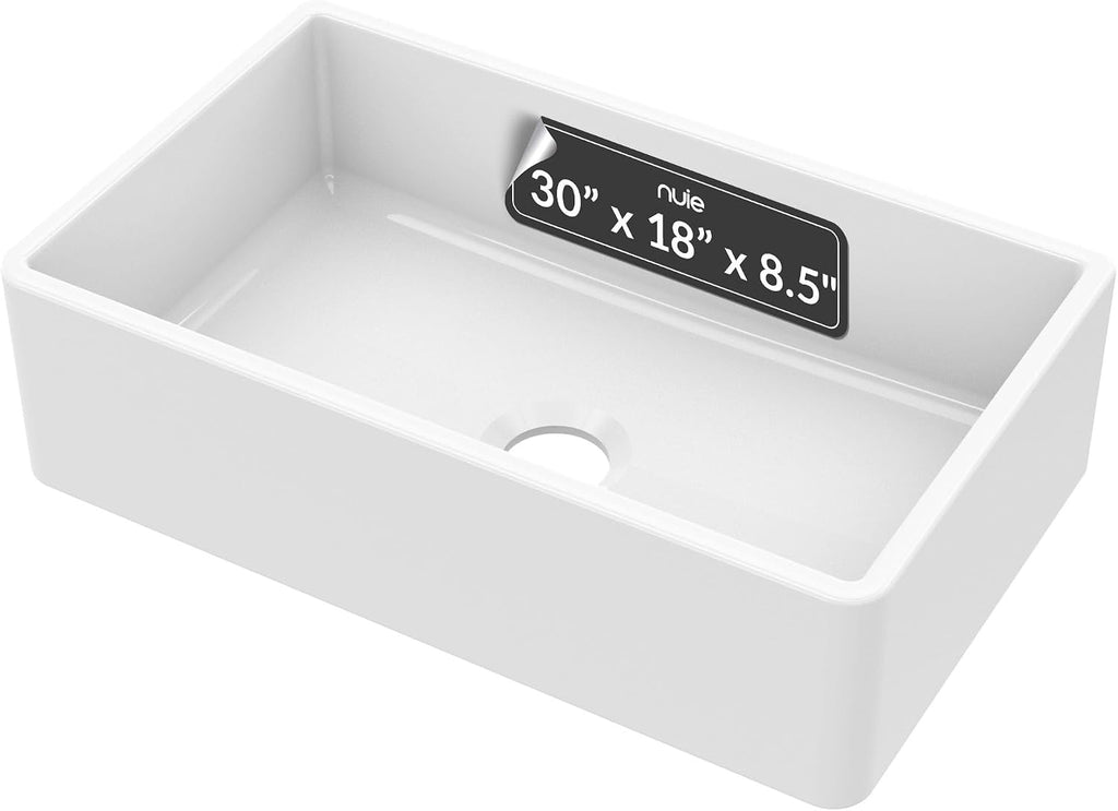White Kitchen Sink 30 inch Single Bowl Apron Front Farmhouse Sink with Central Drain Position, Fireclay Ceramic