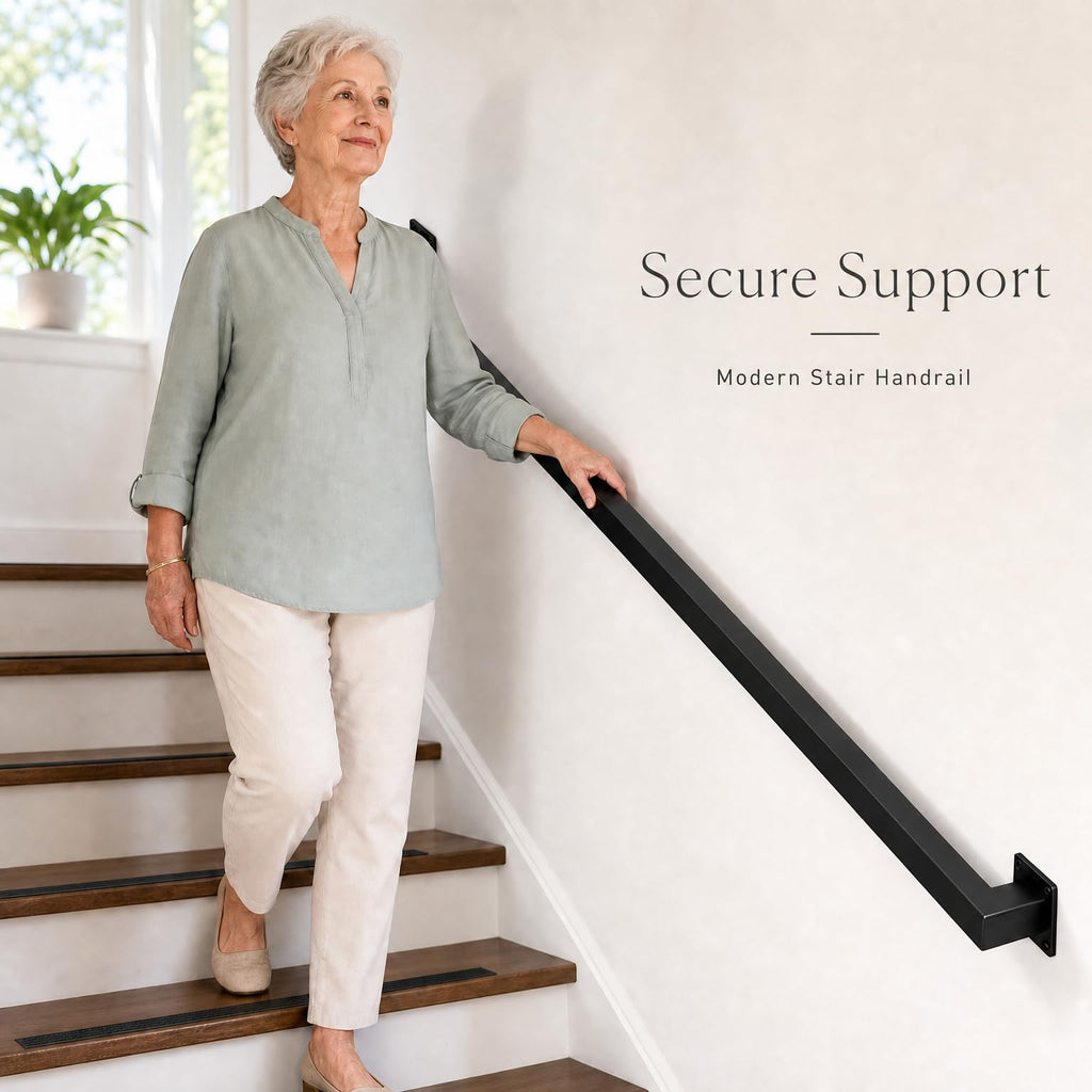 14FT Stair Railing Indoor Wall Mount, 500lb Black Handrail