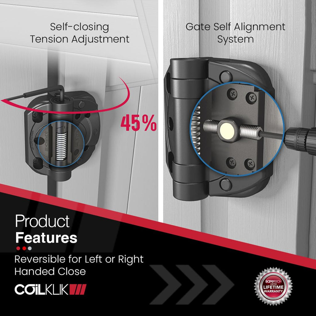 Spring-Loaded Self Closing Gate Hinges, Heavy Duty Hinges with Adjustable Tension for Wood, PVC & Vinyl Outdoor