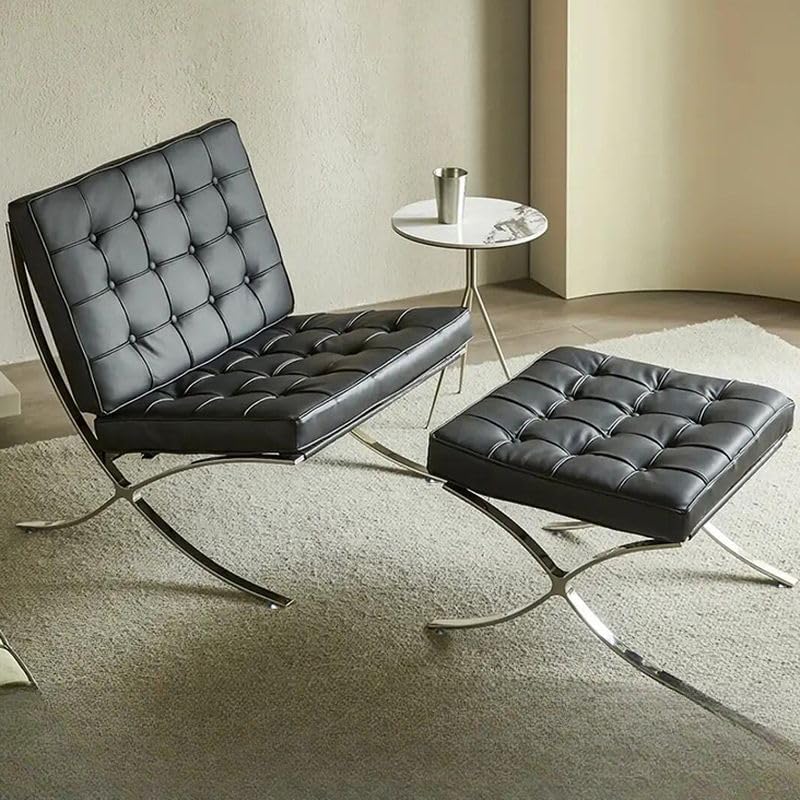 Inspired Barcelona Style Leather Lounge Chair and Ottoman — Black Oiled Leather, Extended Seat (31.5″L)