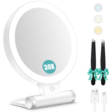 Magnifying Mirror with Light 30X, Double-Sided 1X/ 30X Magnifying Makeup Mirror with Tweezer, 2000mAh 3 Colour Modes