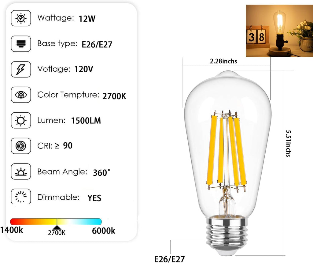 ST58 Vintage LED Edison Bulbs, 12W 6-Pack - 100W Equivalent, 1500LM Warm White 2700K, Dimmable E26 Base, 90+ CRI