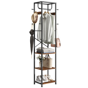 Coat Rack Freestanding, Hall Tree with 3 Shelves and 12 Hooks, Rustic Brown