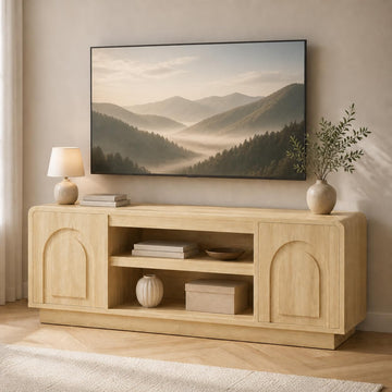 63" Mid Century Arched TV Stand with Storage, Natural Oak