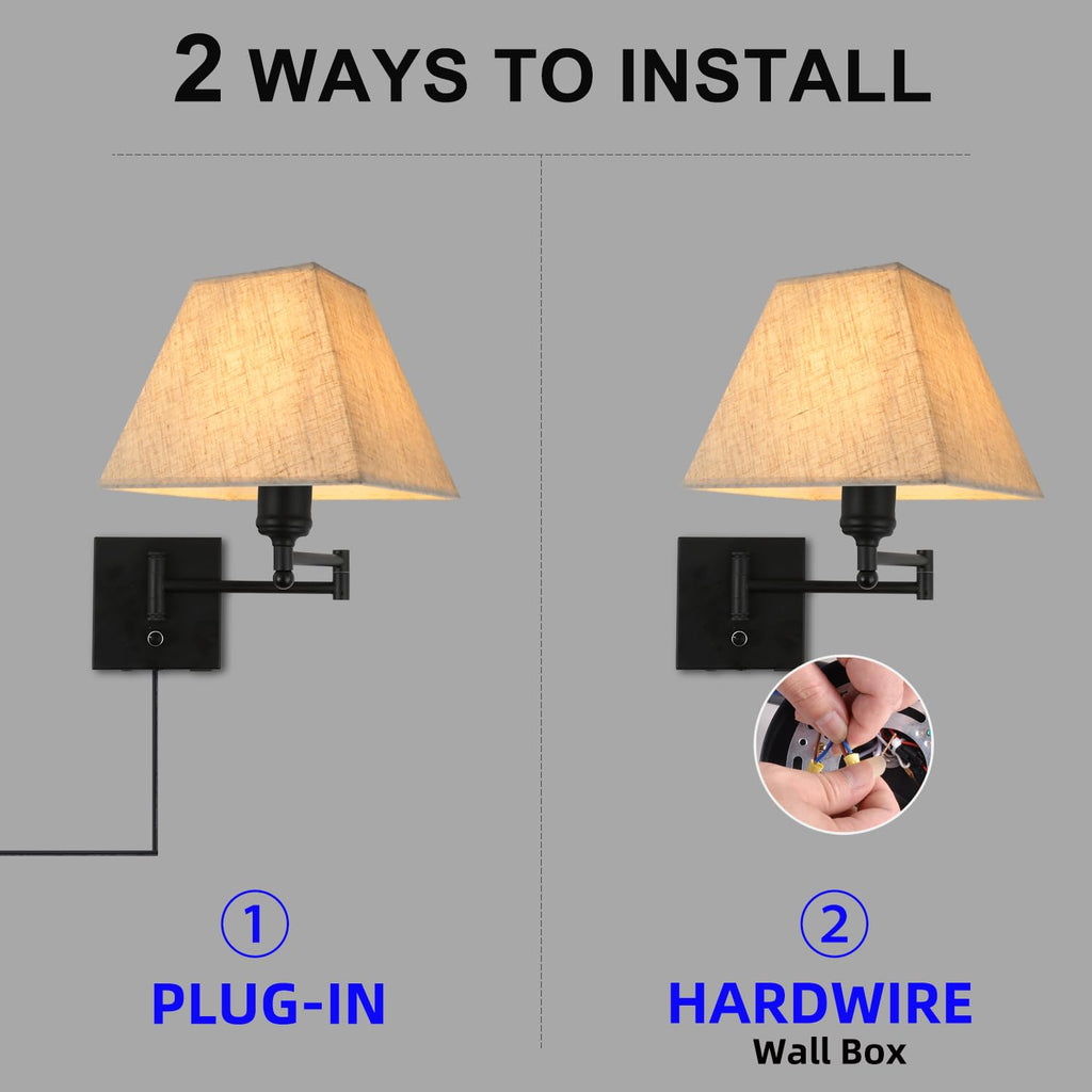 13" Modern Swing Arm Wall Lamp Plug in Wall Sconce with USB and Type-C Port Wall Mounted Lamp with Dimmable Switch