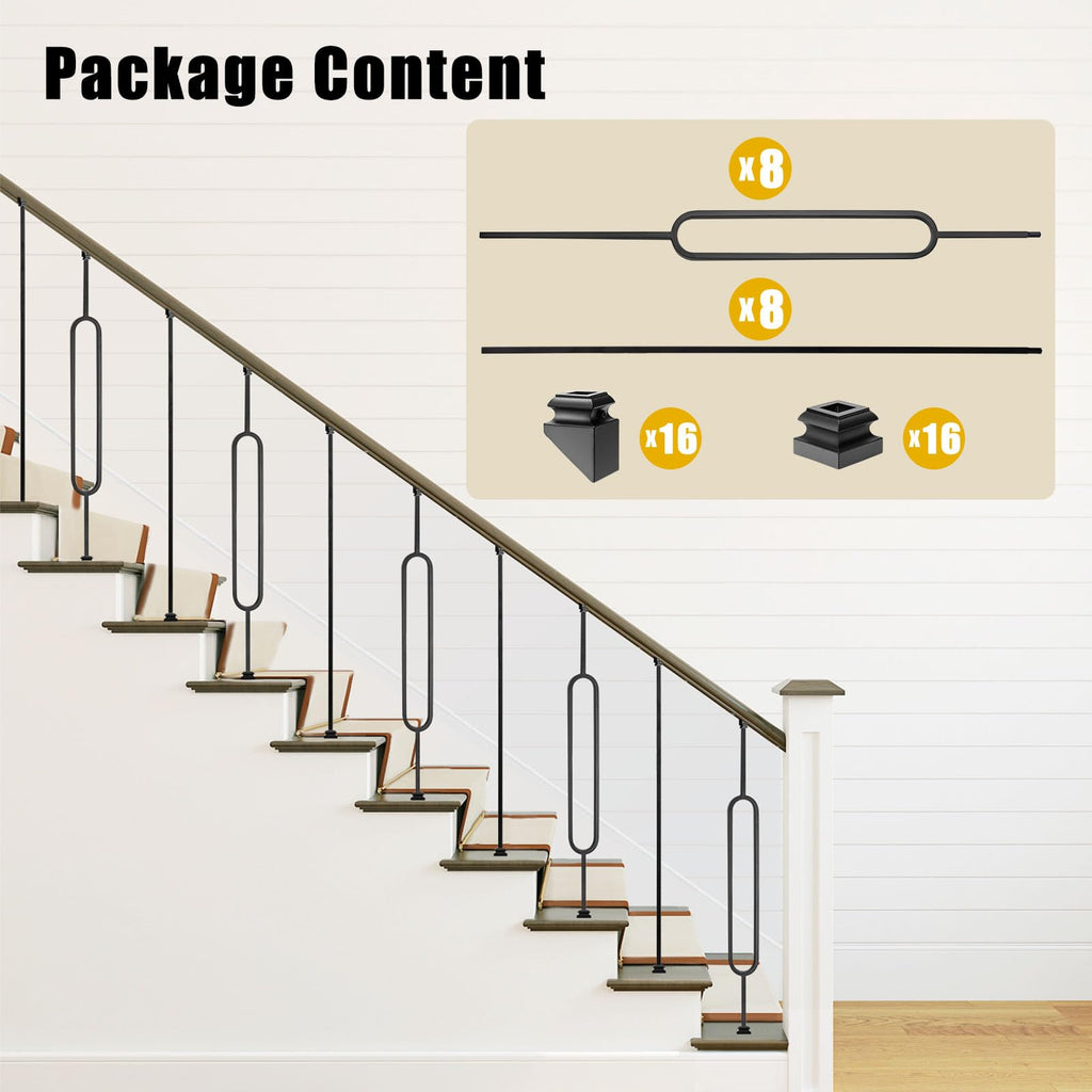 16 Pack Wrought Iron Balusters for Staircase Stair Spindles, 1/2" Deck Railing Spindles, Baluster Shoes (8 Straight