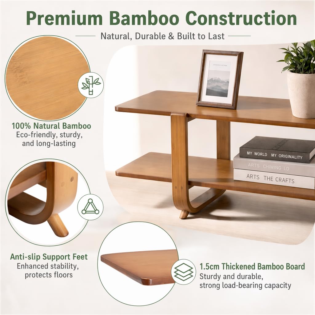 Bamboo TV Stand with Storage for TVs up to 65'', Modern Entertainment Center with 2 Open Shelf, Accent TV Media