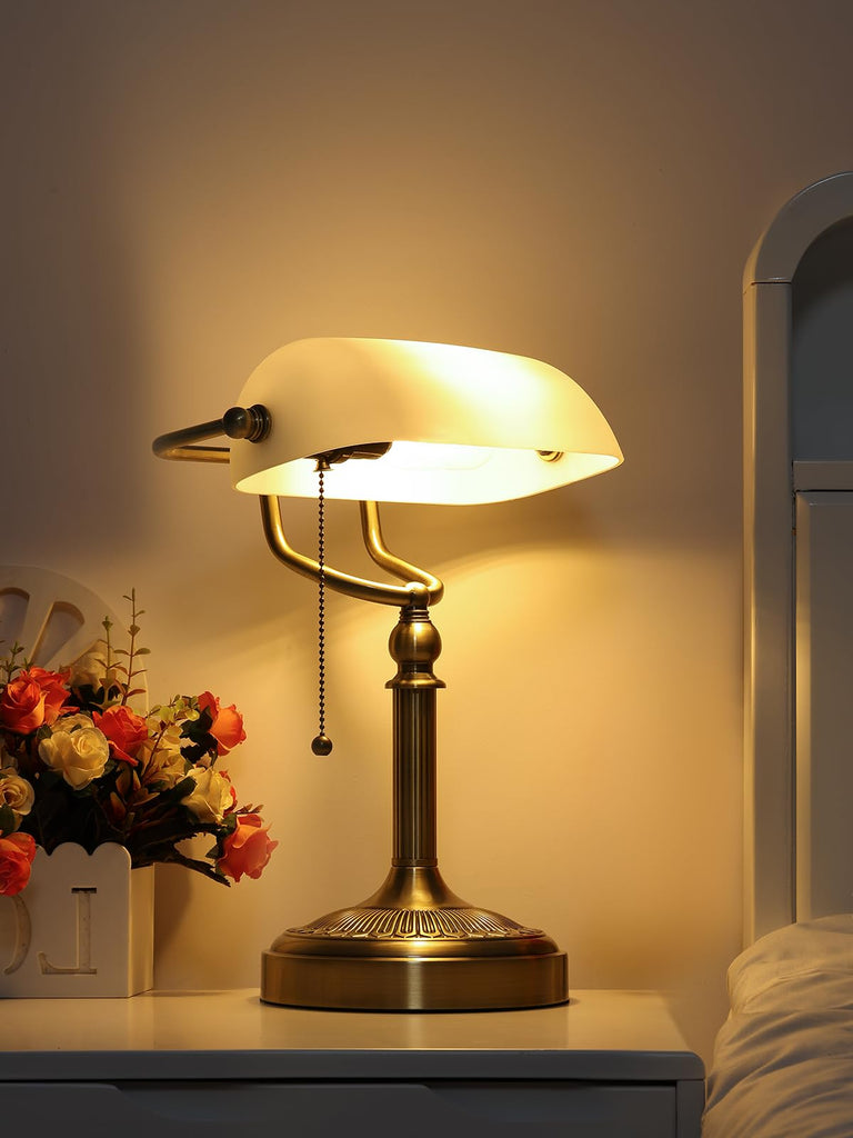 White Matted Glass Bankers Desk Lamp,Plug