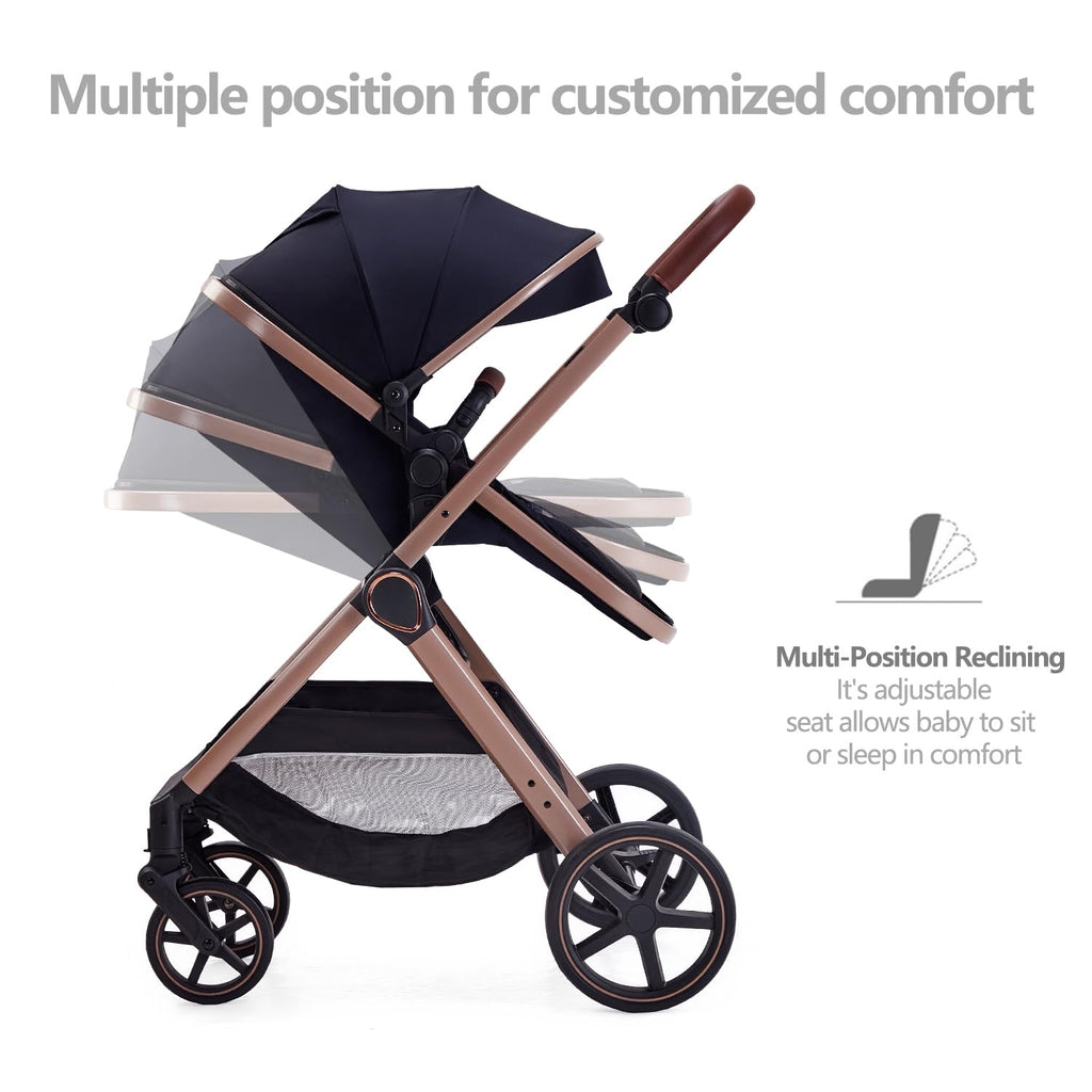 2 in 1 Baby Stroller, Newborn Infant Toddler Convertible Bassinet Pram Stroller for 0-36 Months Old Babies (Black)