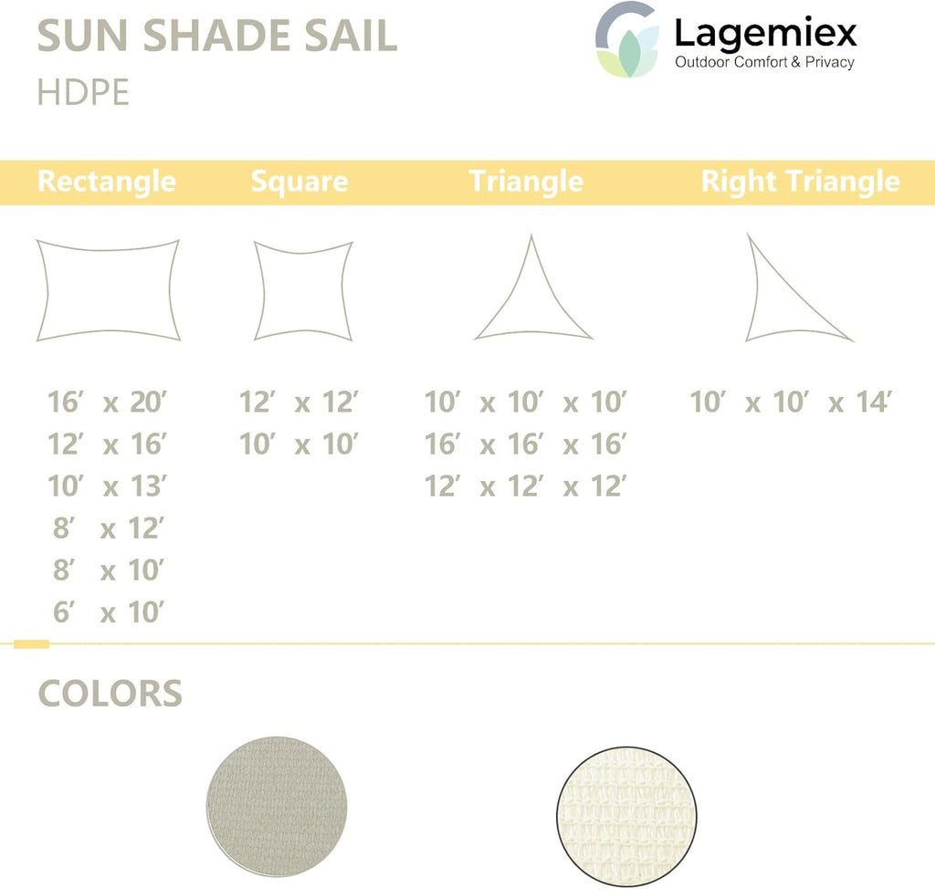 12' x 16' Rectangle Sun Shade Sail, 185 GSM HDPE, Sand | 95% UV block, breathable HDPE fabric, reinforced corners and