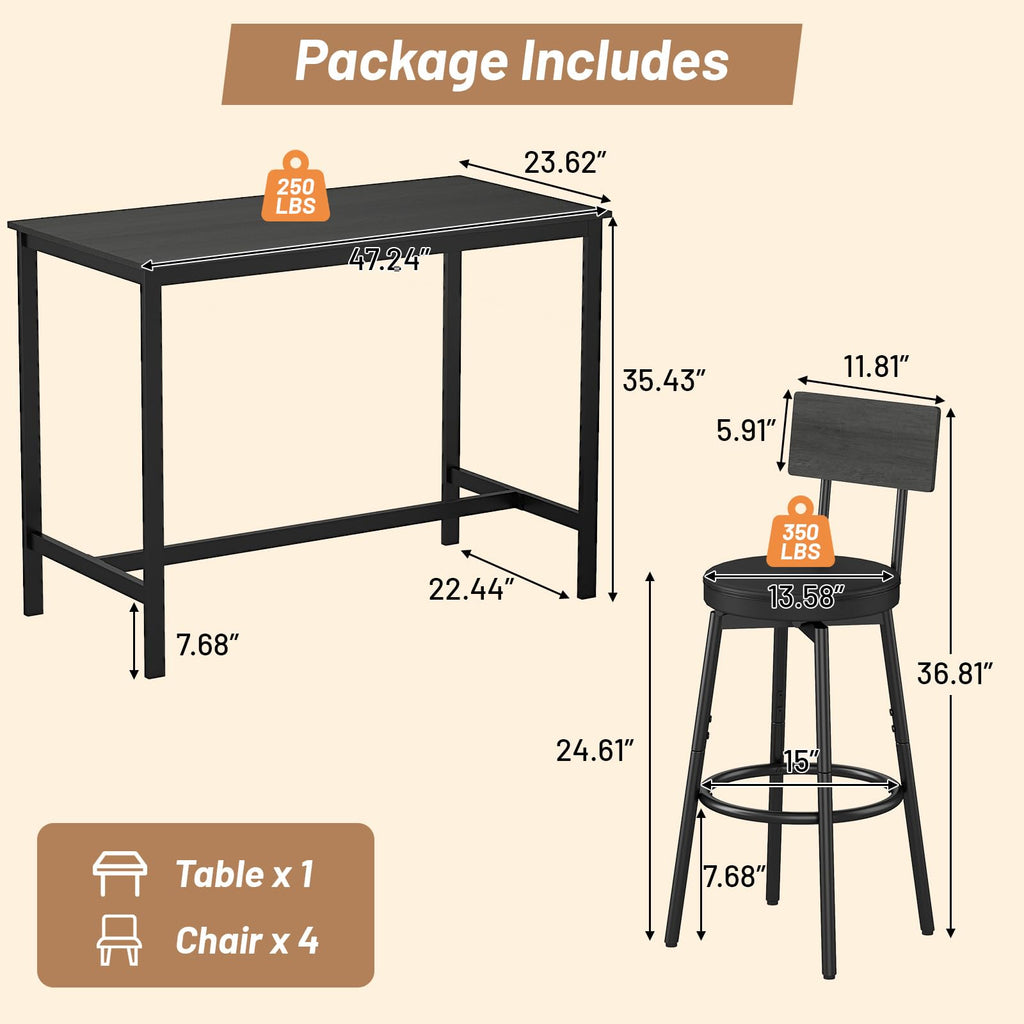 5-Piece Dining Table Set, Bar Table Set for 4, Kitchen Table and Chairs, Counter Height High Top Table with 4 PU