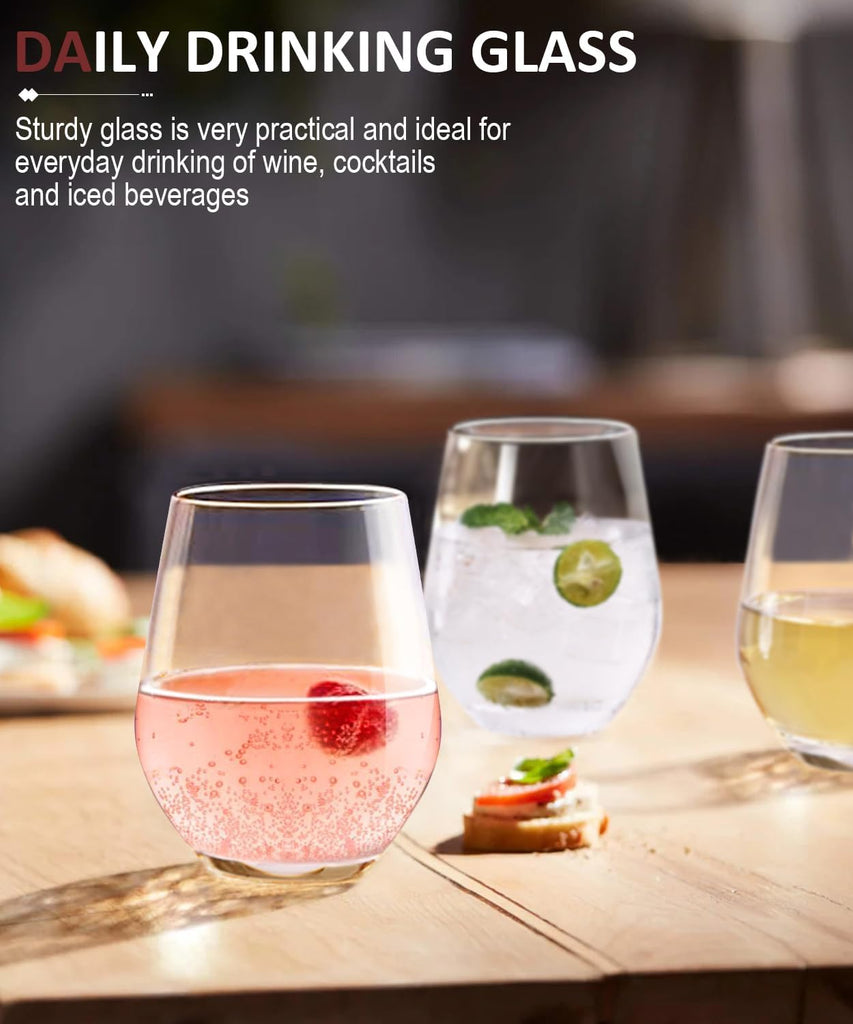 Stemless Wine Glasses Set of 4, Red White Wine Glasses, No Stem, Clear, 15oz, Premium Crystal Sturdy Drinking Glass
