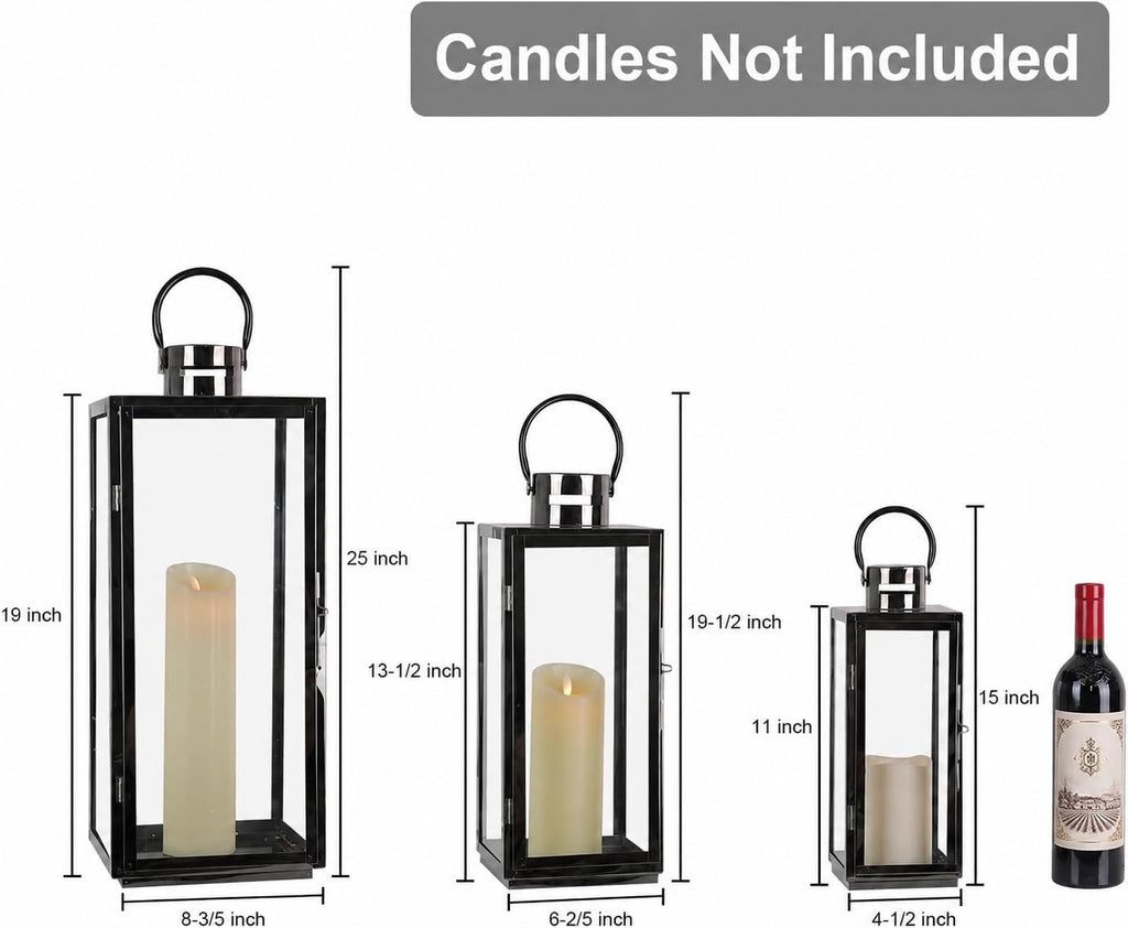 Stainless Lanterns Decorative Outdoor & Indoor, Set of 3 Outdoor Lanterns for Porch, 25"/ 19.5"/15" Candle